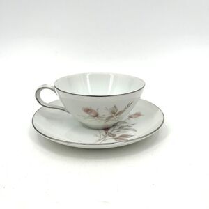 FINE CHINA JAPAN Vintage Laura Teacup Saucer Plate White Floral Platinum Trim